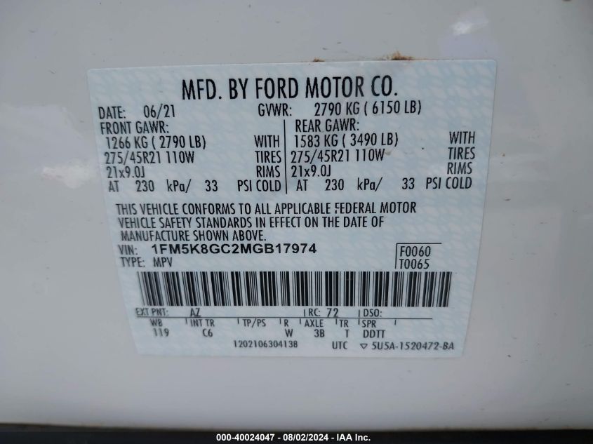 2021 Ford Explorer St VIN: 1FM5K8GC2MGB17974 Lot: 40024047