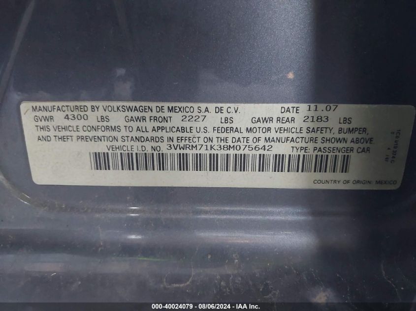 2008 Volkswagen Jetta Se/Sel VIN: 3VWRM71K38M075642 Lot: 40024079
