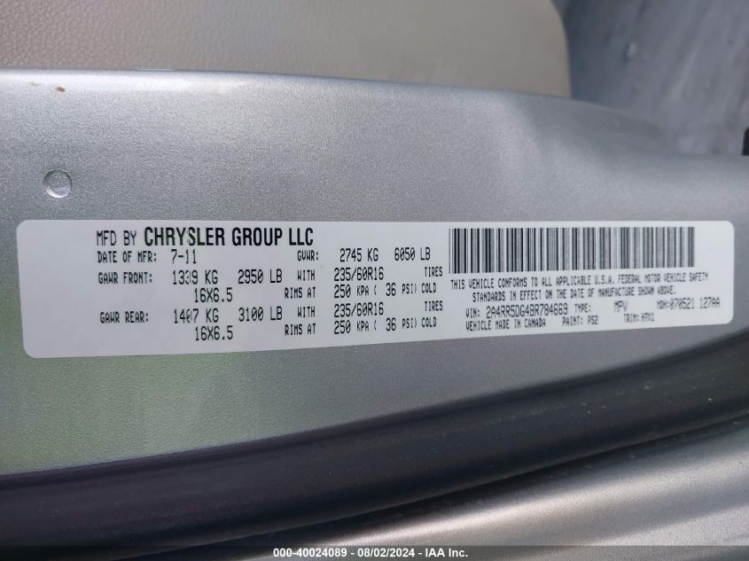 2011 Chrysler Town & Country Touring VIN: 2A4RR5DG4BR784669 Lot: 40024089