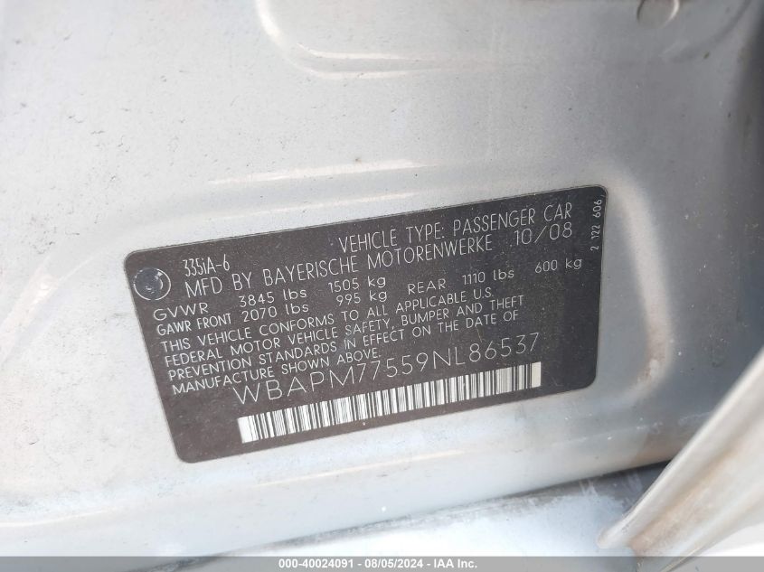 2009 BMW 335 I VIN: WBAPM77559NL86537 Lot: 40024091