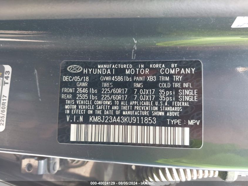 KM8J23A43KU911853 2019 Hyundai Tucson Se