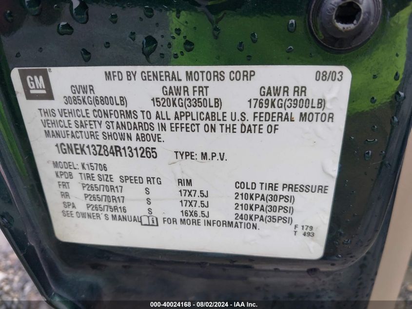 2004 Chevrolet Tahoe Z71 VIN: 1GNEK13Z84R131265 Lot: 40024168