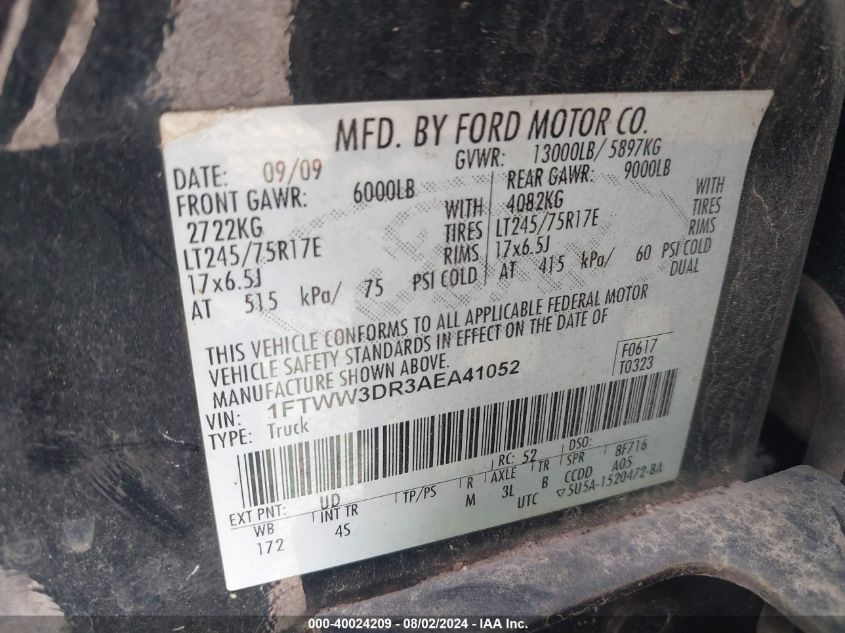 2010 Ford F350 Super Duty VIN: 1FTWW3DR3AEA41052 Lot: 40024209