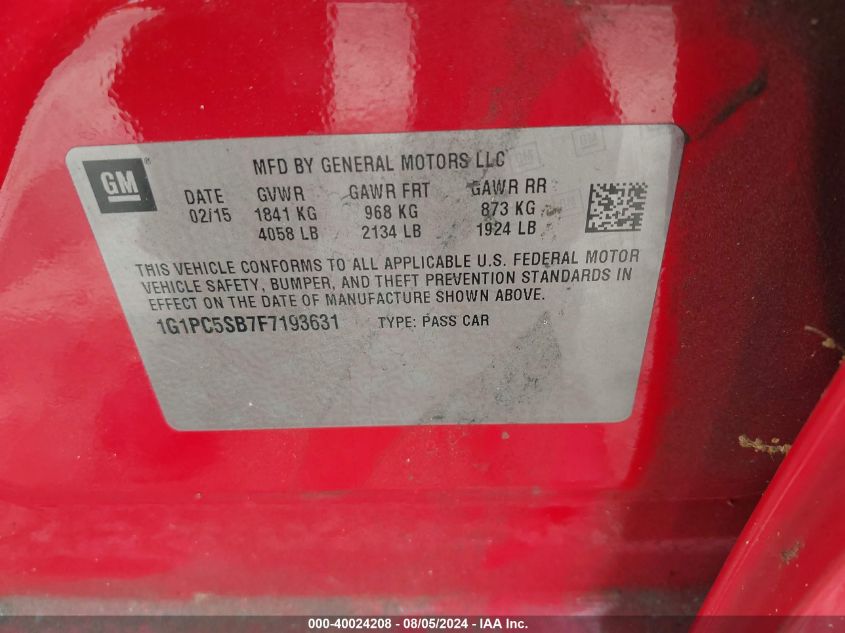 2015 Chevrolet Cruze 1Lt Auto VIN: 1G1PC5SB7F7193631 Lot: 40024208