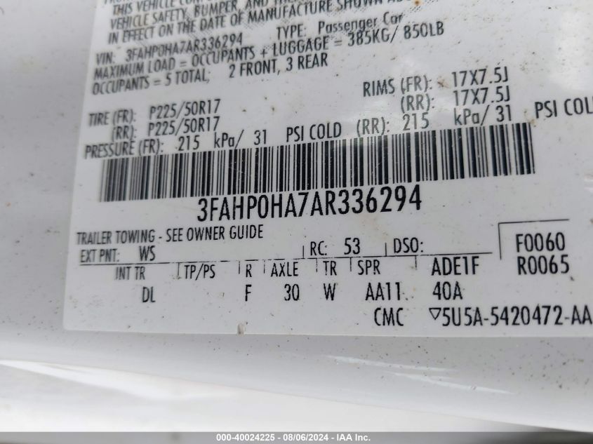 2010 Ford Fusion Se VIN: 3FAHP0HA7AR336294 Lot: 40024225