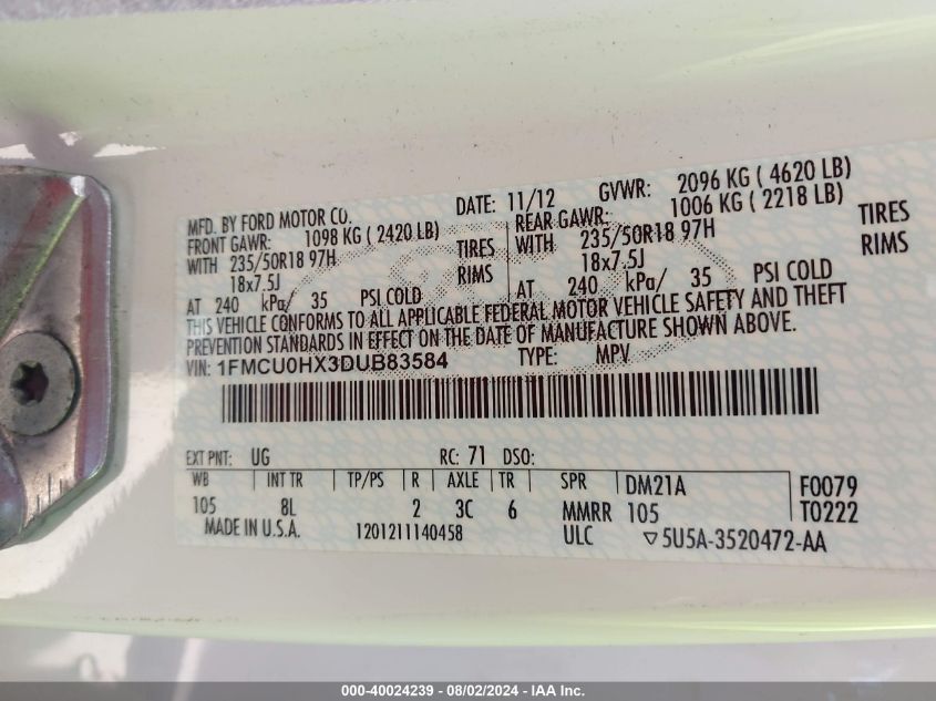 2013 Ford Escape Sel VIN: 1FMCU0HX3DUB83584 Lot: 40024239