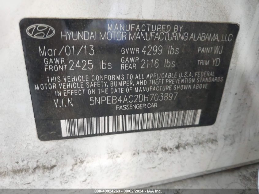 2013 Hyundai Sonata Gls VIN: 5NPEB4AC2DH703897 Lot: 40024263