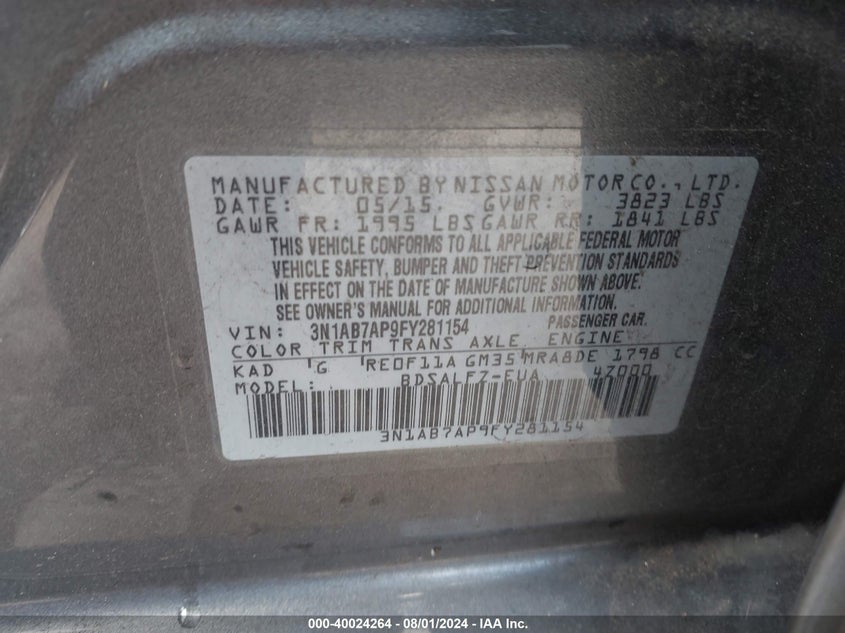 2015 Nissan Sentra Fe+ S VIN: 3N1AB7AP9FY281154 Lot: 40024264