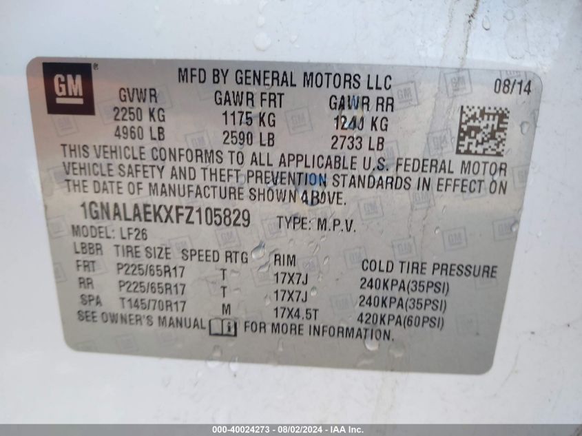 2015 Chevrolet Equinox Ls VIN: 1GNALAEKXFZ105829 Lot: 40024273