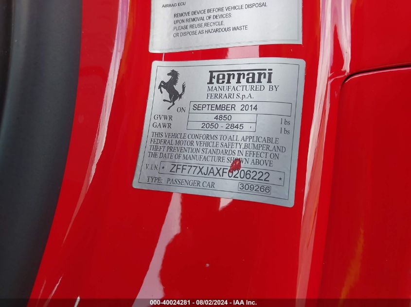 2015 Ferrari California T VIN: ZFF77XJAXF0206222 Lot: 40024281