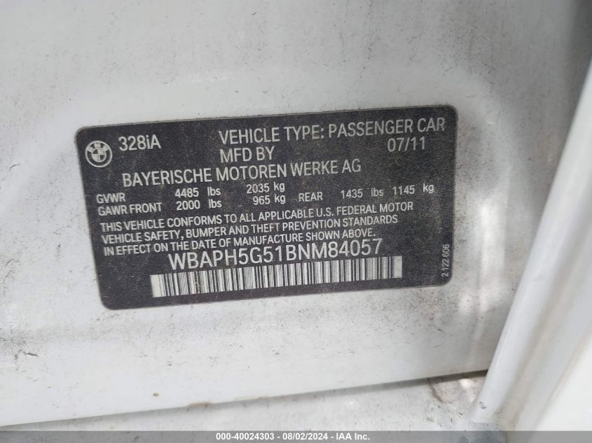 2011 BMW 328I I Sulev VIN: WBAPH5G51BNM84057 Lot: 40024303