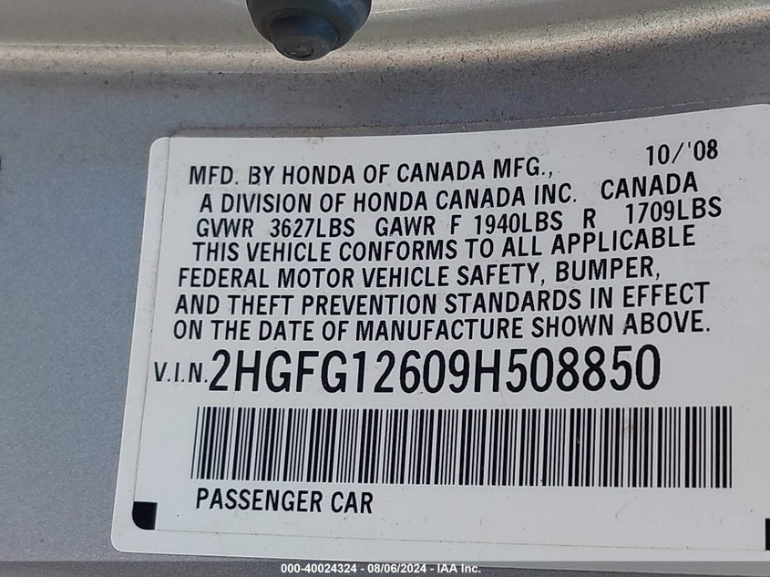 2009 Honda Civic Lx VIN: 2HGFG12609H508850 Lot: 40024324