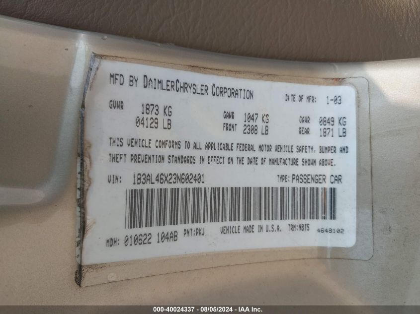 2003 Dodge Stratus Sxt VIN: 1B3AL46X23N602401 Lot: 40024337