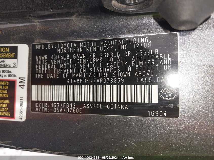 2010 Toyota Camry Le VIN: 4T4BF3EK7AR078869 Lot: 40024388