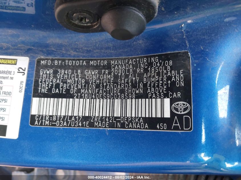 2009 Toyota Corolla S/Le/Xle VIN: 2T1BU40E59C038598 Lot: 40024412