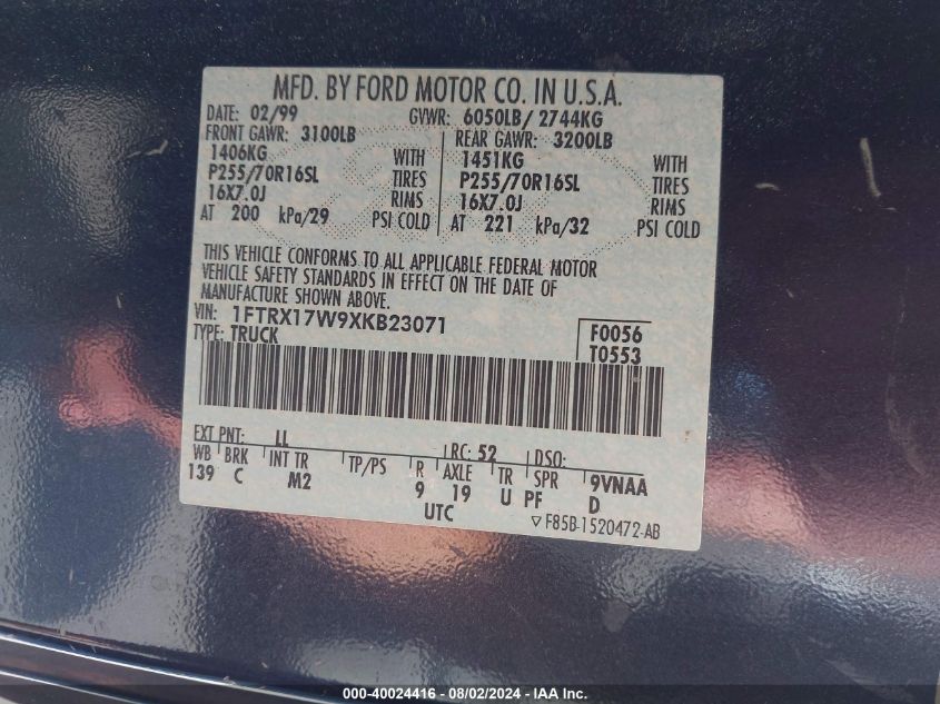 1999 Ford F-150 Lariat/Work Series/Xl/Xlt VIN: 1FTRX17W9XKB23071 Lot: 40024416