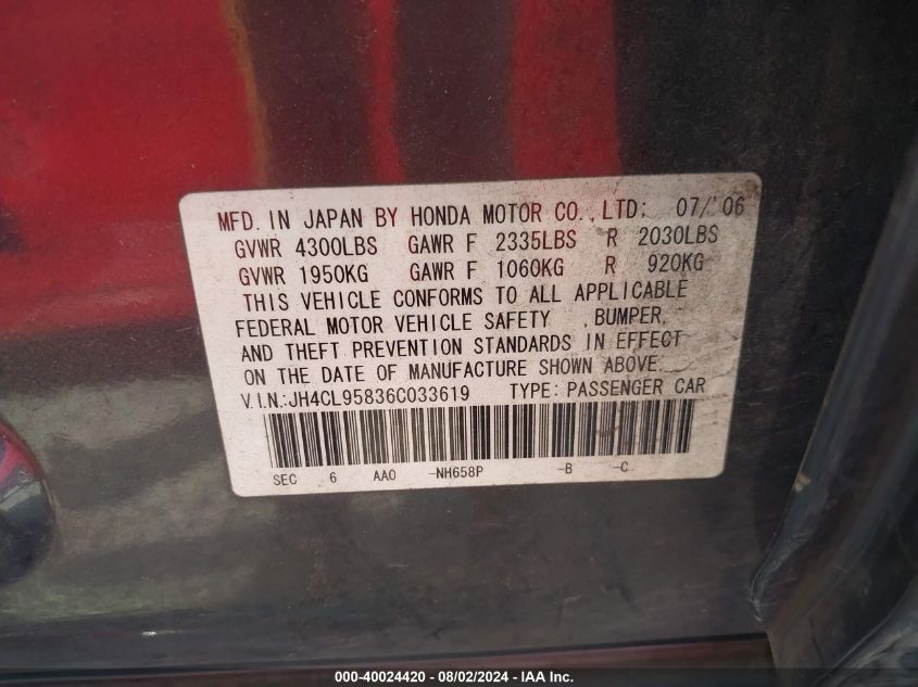 2006 Acura Tsx VIN: JH4CL95836C033619 Lot: 40024420