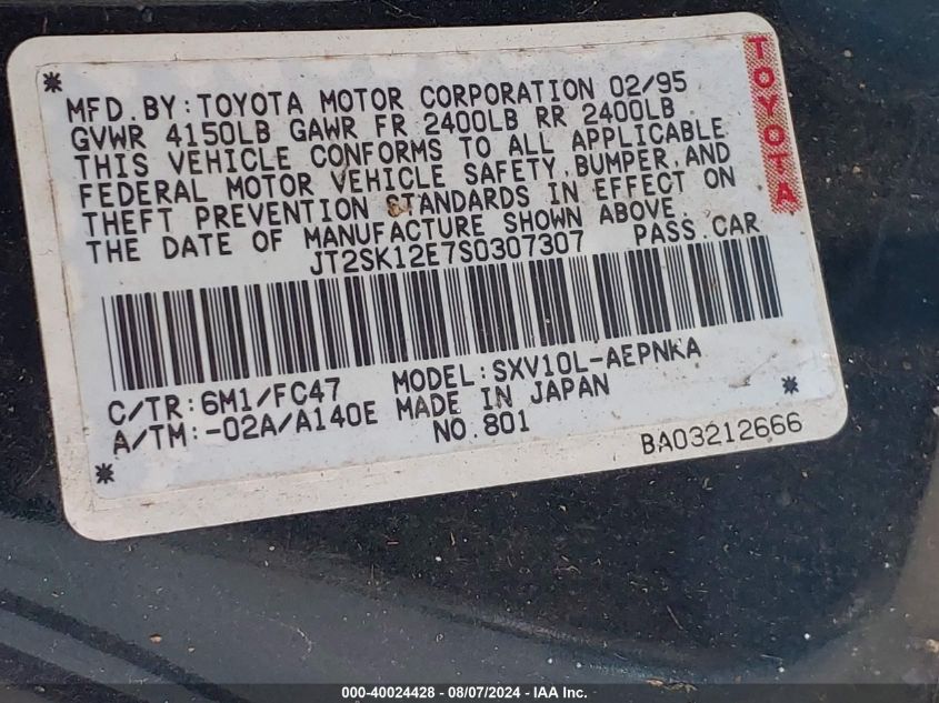 1995 Toyota Camry Le VIN: JT2SK12E7S0307307 Lot: 40024428