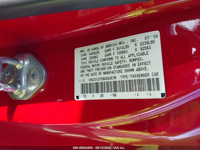 2009 Honda Accord Ex VIN: 1HGCS12739A024678 Lot: 40024450