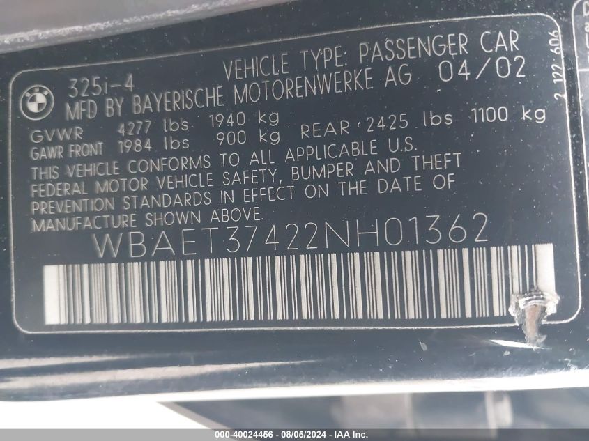 2002 BMW 325I VIN: WBAET37422NH01362 Lot: 40024456