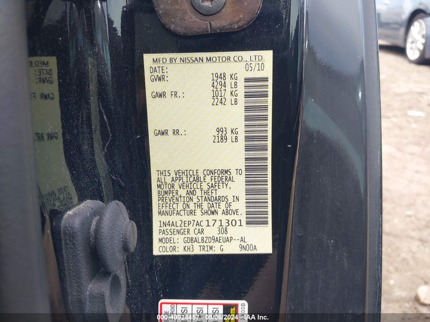 2010 Nissan Altima 2.5 S VIN: 1N4AL2EP7AC171301 Lot: 40024457