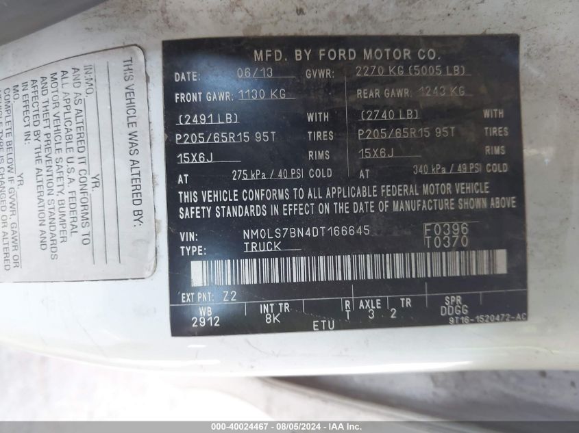 2013 Ford Transit Connect Xlt VIN: NM0LS7BN4DT166645 Lot: 40024467