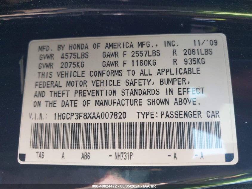 2010 Honda Accord 3.5 Ex-L VIN: 1HGCP3F8XAA007820 Lot: 40024472