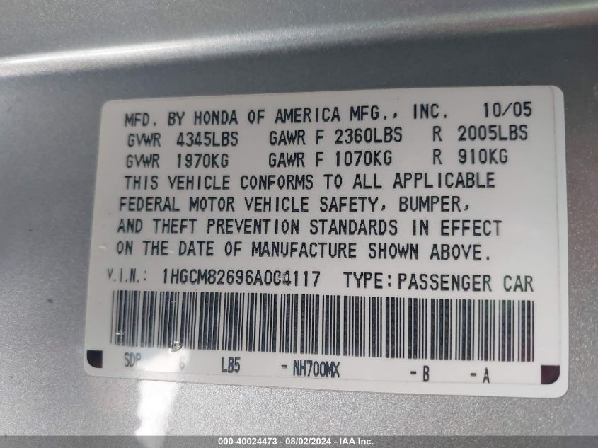 2006 Honda Accord 3.0 Ex VIN: 1HGCM82696A004117 Lot: 40024473