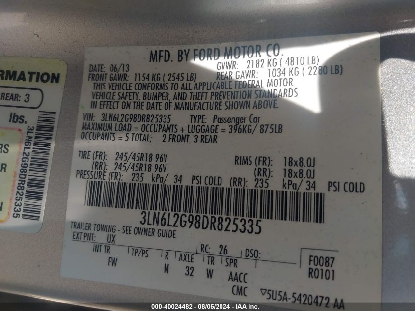 2013 Lincoln Mkz VIN: 3LN6L2G98DR825335 Lot: 40024482