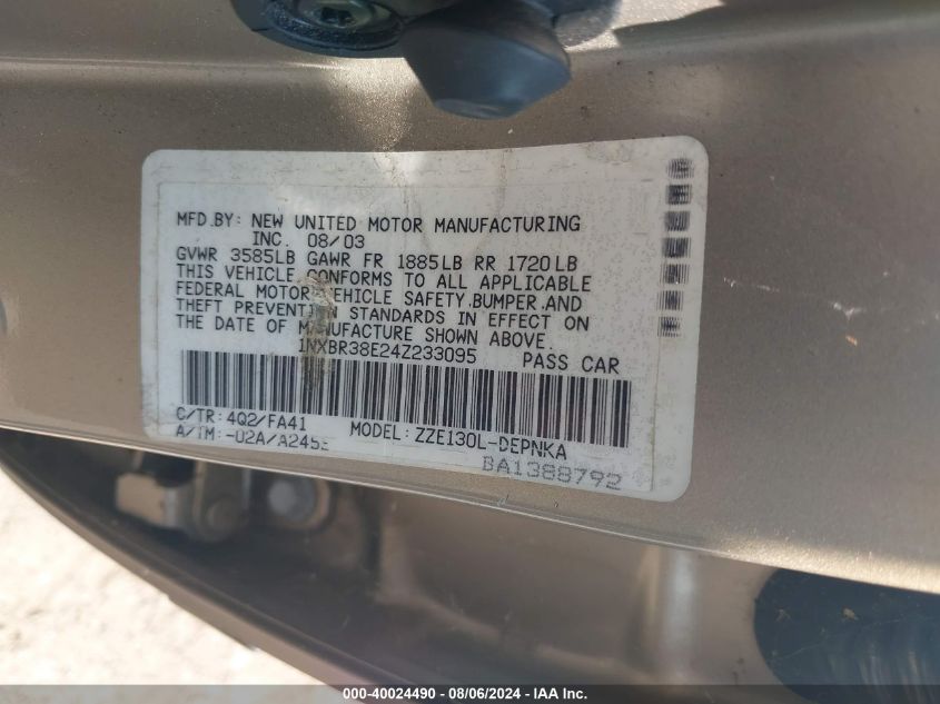 2004 Toyota Corolla Le VIN: 1NXBR38E24Z233095 Lot: 40024490