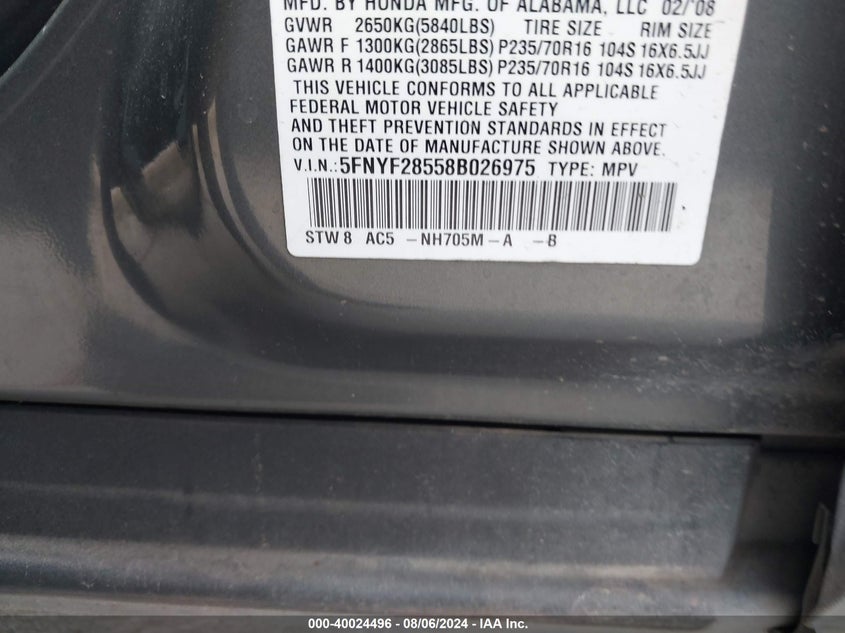 2008 Honda Pilot Ex-L VIN: 5FNYF28558B026975 Lot: 40024496