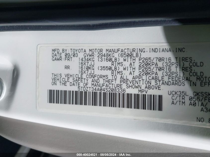 2004 Toyota Sequoia Sr5 V8 VIN: 5TDZT34A04S208336 Lot: 40024521