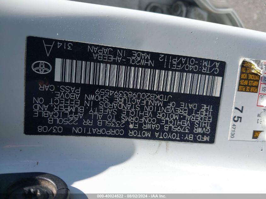 2008 Toyota Prius VIN: JTDKB20U983394559 Lot: 40024522