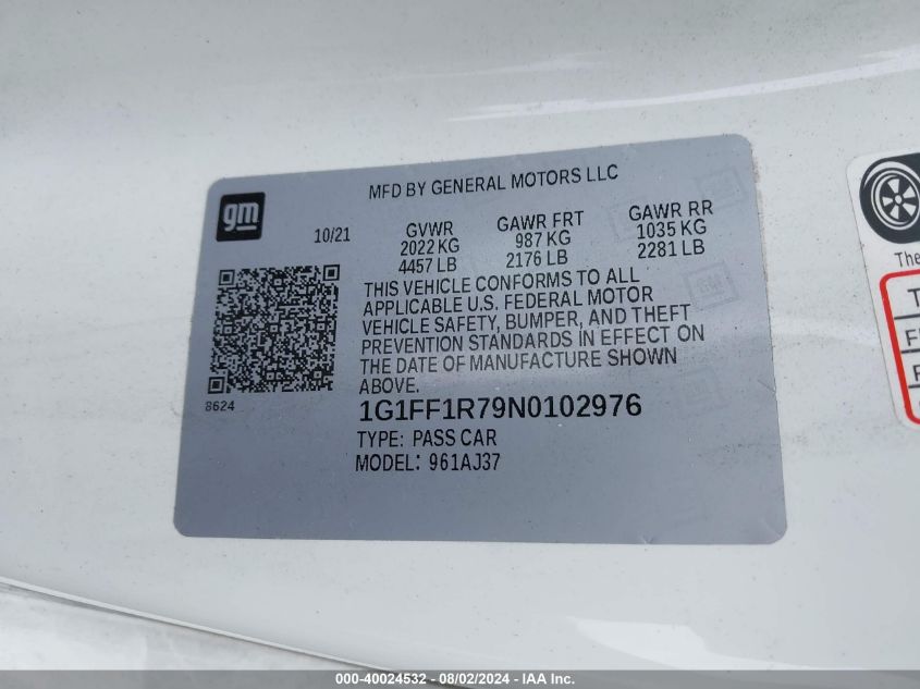 2022 Chevrolet Camaro Rwd Lt1 VIN: 1G1FF1R79N0102976 Lot: 40024532