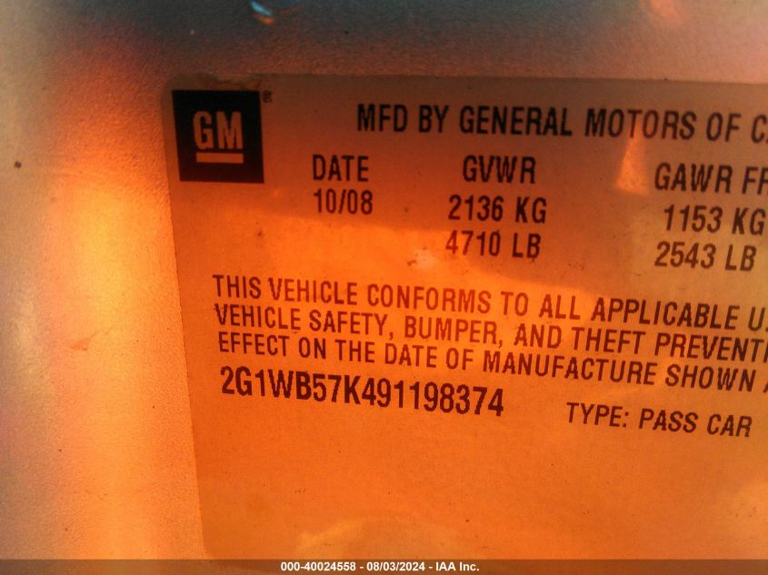 2009 Chevrolet Impala Ls VIN: 2G1WB57K491198374 Lot: 40024558