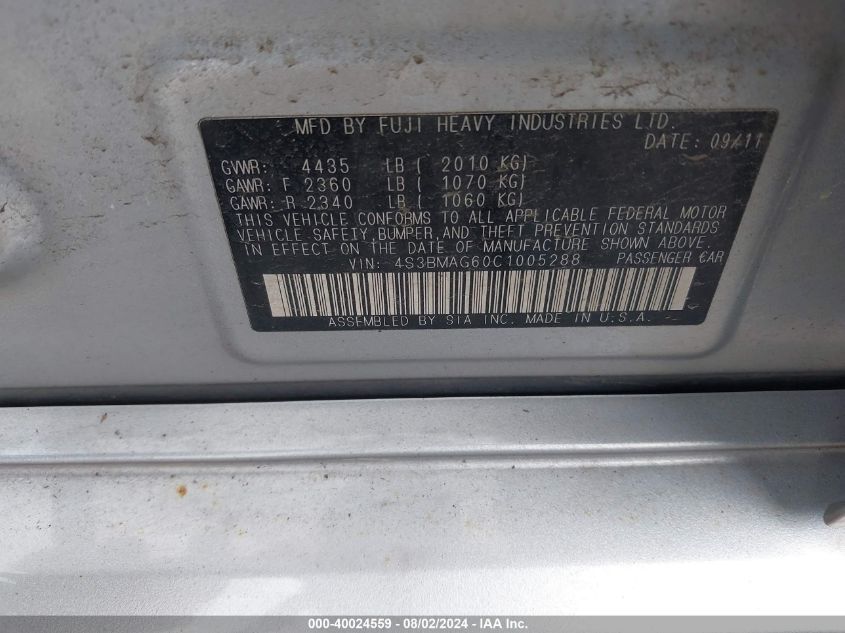 2012 Subaru Legacy 2.5I Premium VIN: 4S3BMAG60C1005288 Lot: 40024559
