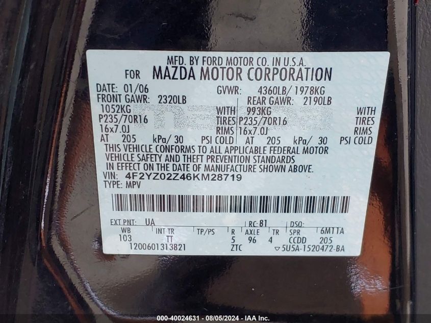 2006 Mazda Tribute I VIN: 4F2YZ02Z46KM28719 Lot: 40024631