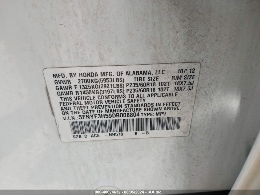 2013 Honda Pilot Ex-L VIN: 5FNYF3H59DB008804 Lot: 40024632