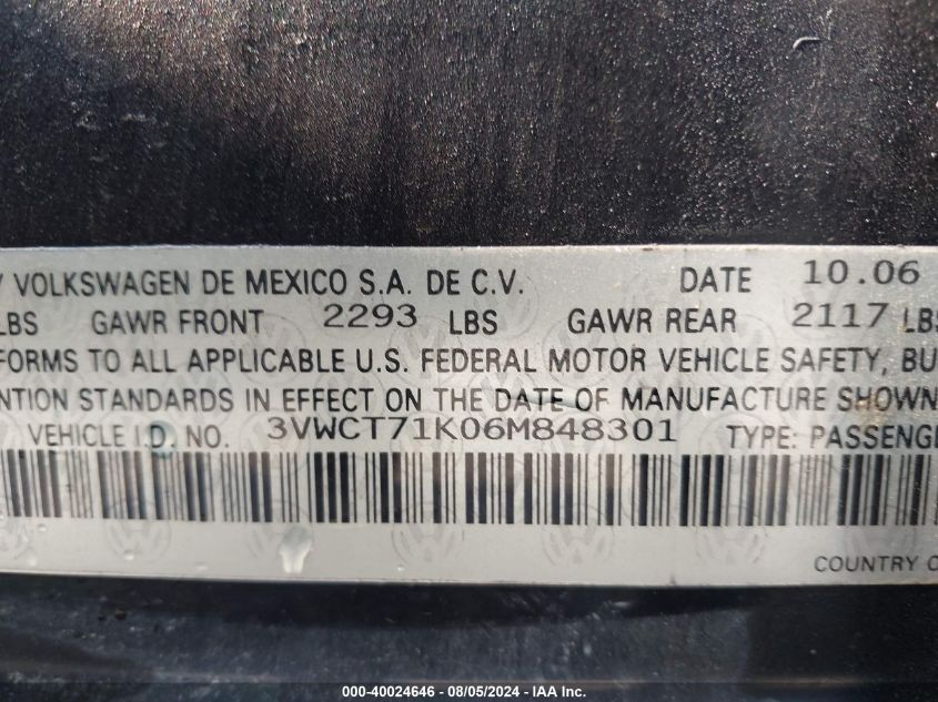 2006 Volkswagen Jetta Diesel VIN: 3VWCT71K06M848301 Lot: 40024646