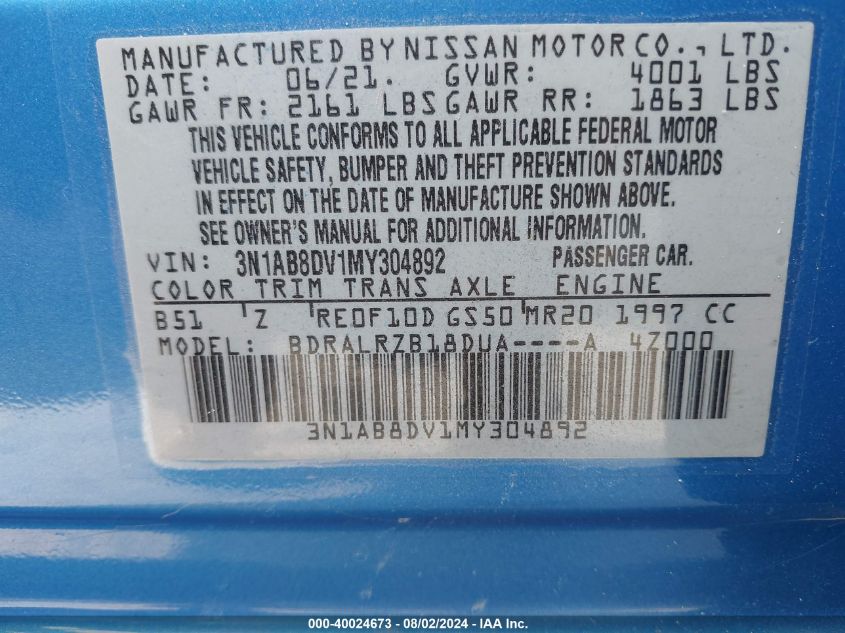 3N1AB8DV1MY304892 | 2021 NISSAN SENTRA