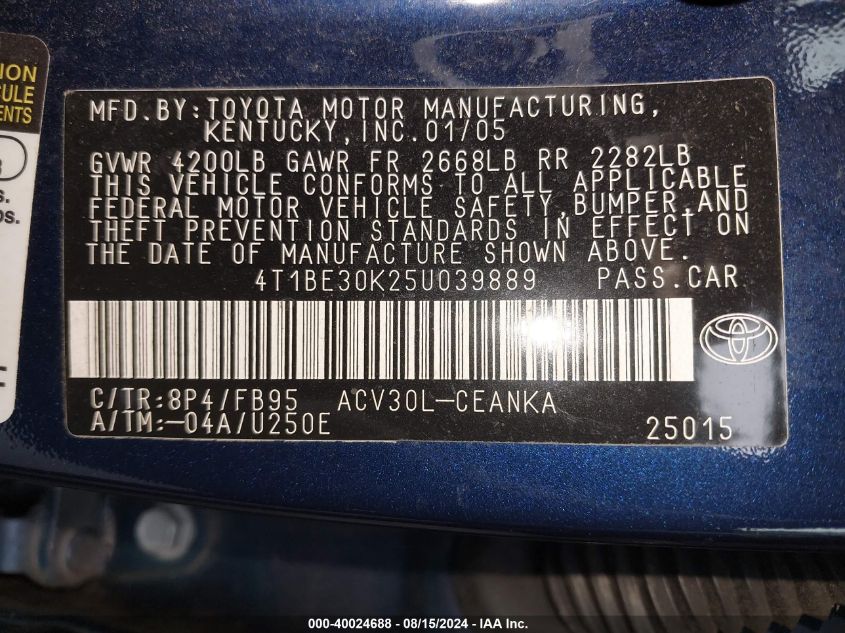 2005 Toyota Camry Le VIN: 4T1BE30K25U039889 Lot: 40024688