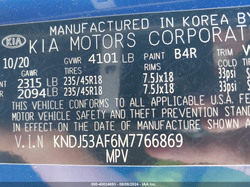 VIN KNDJ53AF6M7766869 2021 KIA SOUL TURBO