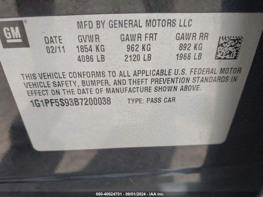 2011 Chevrolet Cruze 1Lt VIN: 1G1PF5S93B7200038 Lot: 40024701