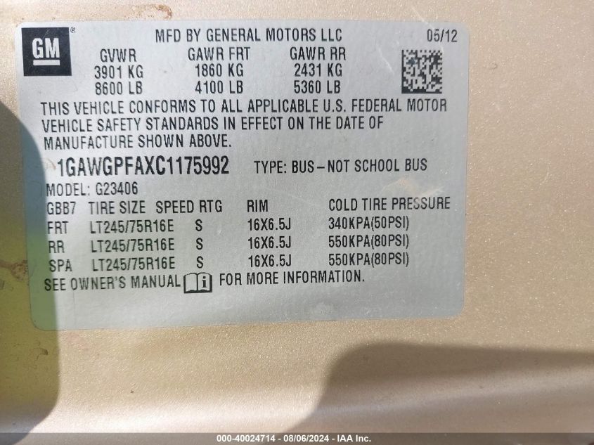 2012 Chevrolet Express 2500 Ls VIN: 1GAWGPFAXC1175992 Lot: 40024714