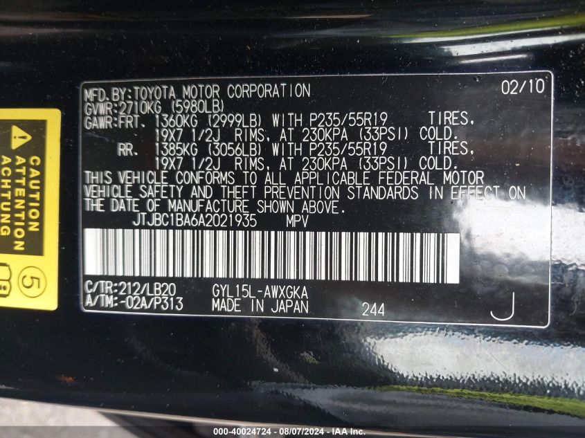 2010 Lexus Rx 450H 450 VIN: JTJBC1BA6A2021935 Lot: 40024724