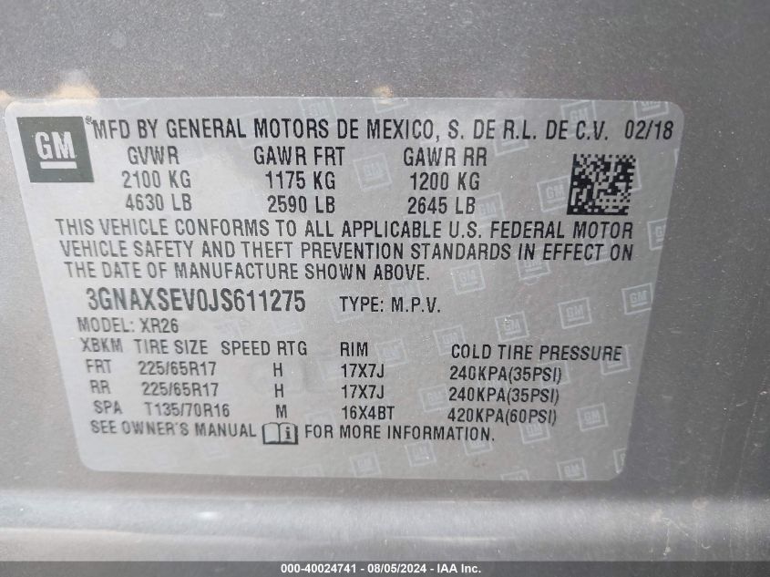 2018 Chevrolet Equinox Lt VIN: 3GNAXSEV0JS611275 Lot: 40024741