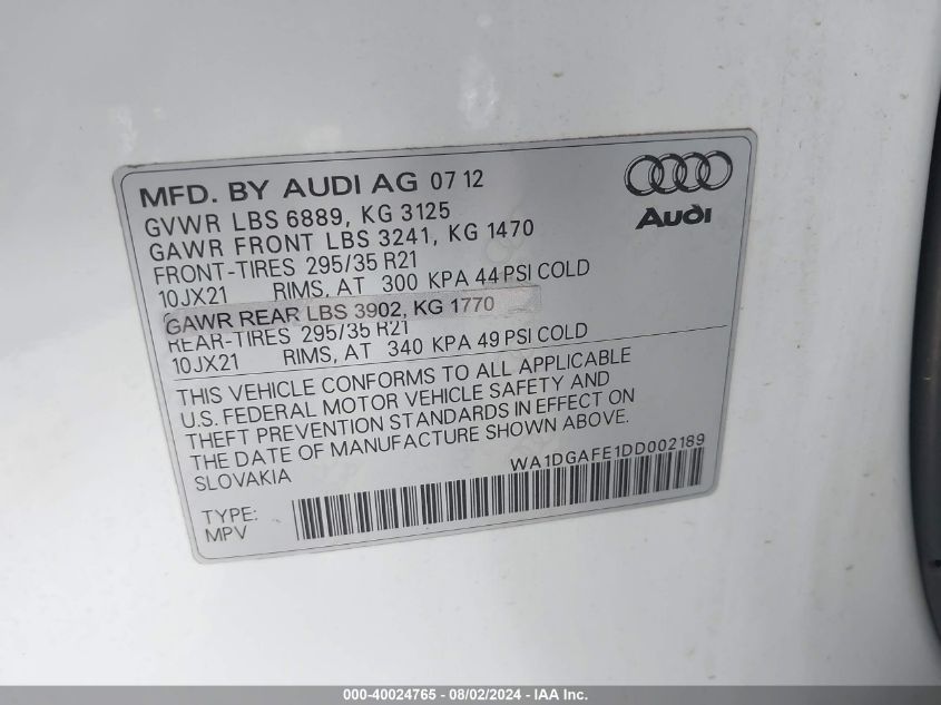 2013 Audi Q7 3.0T S Line Prestige VIN: WA1DGAFE1DD002189 Lot: 40024765