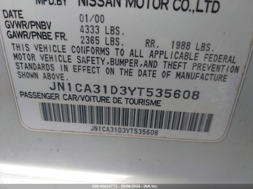 2000 Nissan Maxima Gle/Gxe/Se VIN: JN1CA31D3YT535608 Lot: 40024772