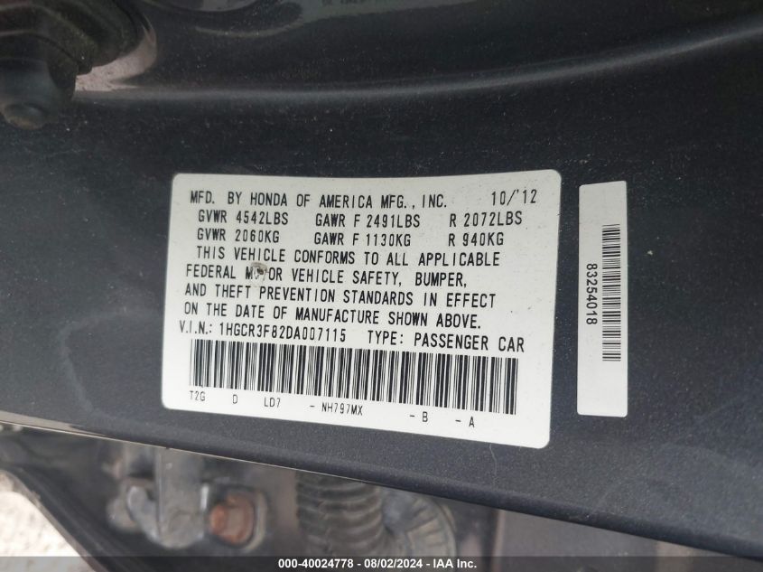 1HGCR3F82DA007115 2013 Honda Accord Ex-L V-6