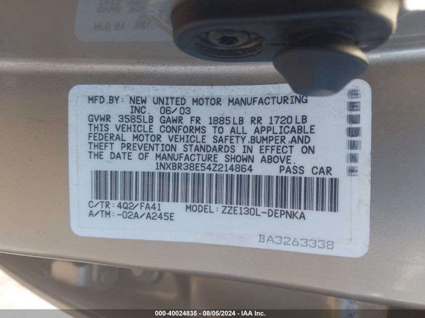 2004 Toyota Corolla Ce/Le/S VIN: 1NXBR38E54Z214864 Lot: 40024835